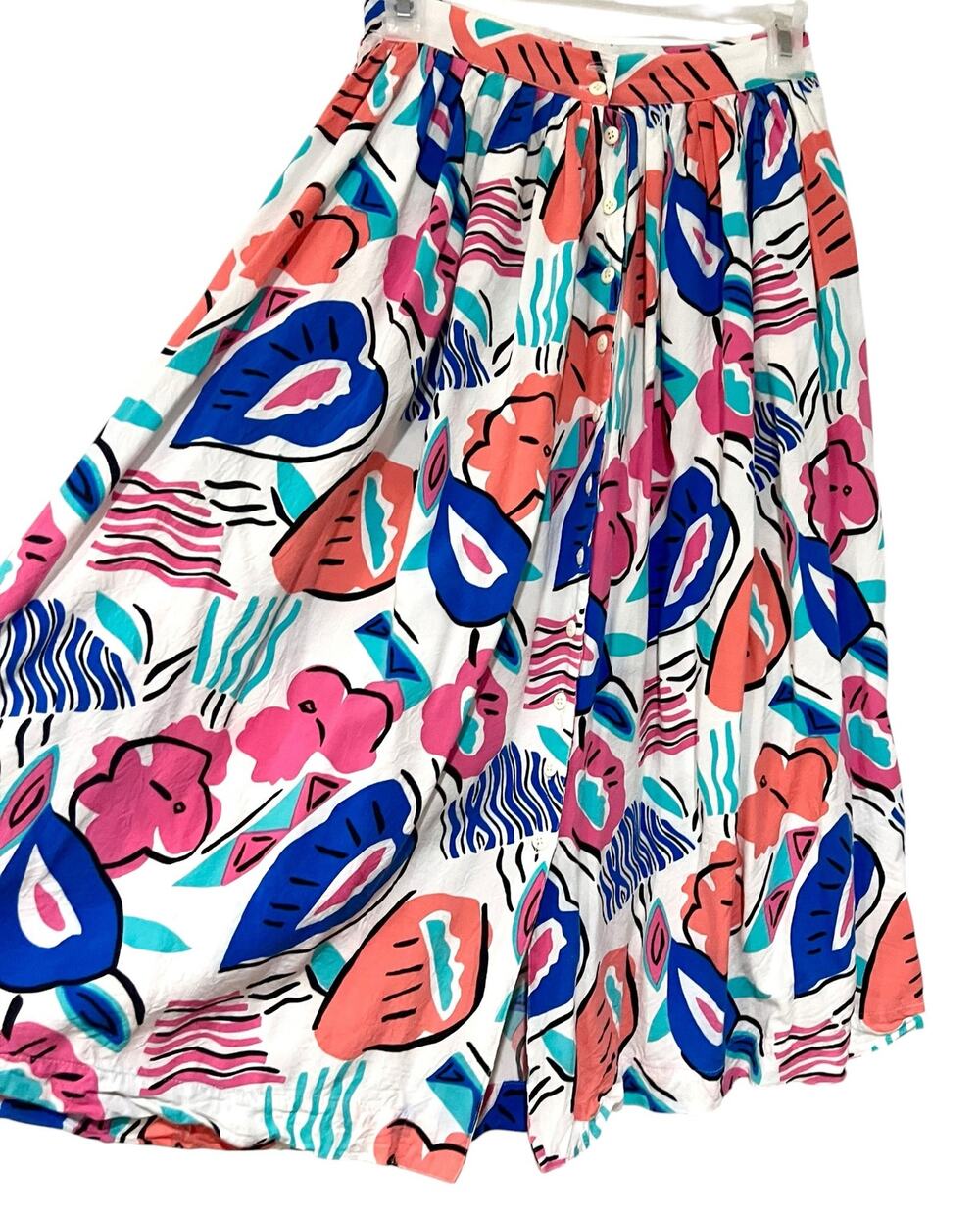 Vintage Colorful Midi Skirt Genesis Floral Abstract Retro Print Buttons Sz 7/8